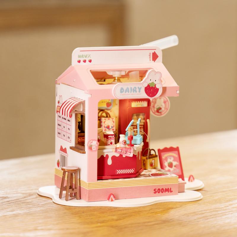 Robotime Strawberry Milk Box Shop DIY 3D Miniature Dollhouse Kit